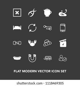 Modern, simple vector icon set on dark background with drink, web, ball, pole, crab, bus, technology, fresh, spaceship, sea, workout, science, bear, drill, dentistry, sausage, play, dinner, food icons