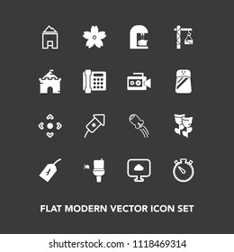 Modern, simple vector icon set on dark background with tag, nature, drink, button, arrow, event, craft, rocket, web, sign, spaceship, flight, holiday, cloud, house, home, public, cafe, blossom icons