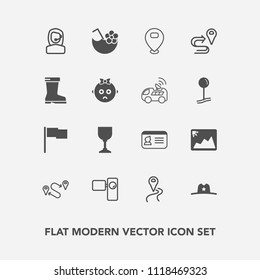 Modern, simple vector icon set with identification, office, map, cowboy, retro, camera, name, hat, texas, destination, alcohol, summer, west, image, video, document, sheriff, road, route, tripod icons