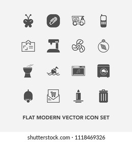 Modern, simple vector icon set with musical, vehicle, stationary, trash, music, receipt, safety, bell, alarm, bill, machine, candle, phone, wash, can, paperclip, fire, insect, tipper, flame, bin icons