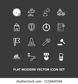 Modern, simple vector icon set on dark background with repair, equipment, luggage, vacation, point, map, electricity, navigation, stationary, flag, sound, nation, business, telephone, up, tool icons