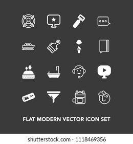 Modern, simple vector icon set on dark background with scale, fahrenheit, water, travel, bathroom, ticket, boat, sign, concept, toilet, thermometer, customer, leather, bag, video, sweet, office icons