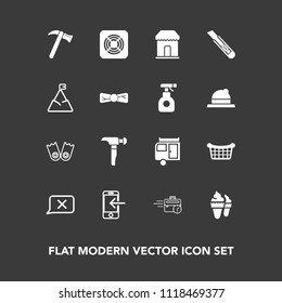 Modern, simple vector icon set on dark background with market, underwater, computer, flipper, store, journey, transfer, sale, chat, cutter, tool, food, construction, office, summer, business icons