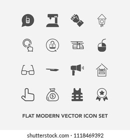 Modern, simple vector icon set with food, banking, winner, communication, people, sew, wooden, touch, business, cart, safety, sewing, eye, click, hand, place, knife, first, financial, finger icons