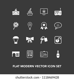 Modern, simple vector icon set on dark background with radio, name, auto, lock, city, arrow, sweet, protection, online, black, work, technology, open, car, automobile, id, document, fashion, key icons
