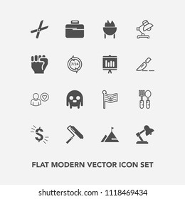 Modern, simple vector icon set with tool, human, national, garden, ufo, gardening, flag, kitchen, brush, america, home, table, meat, cut, fork, spoon, interior, pruning, space, grill, usd, bag icons