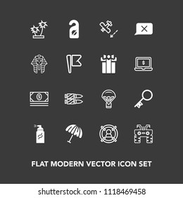 Modern, simple vector icon set on dark background with wheel, tree, travel, protection, abstract, nature, umbrella, house, tropical, gun, privacy, sky, money, graffiti, marketing, parasol, sign icons