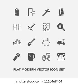 Modern, simple vector icon set with door, telephone, truck, food, exit, call, bicycle, phone, finance, transportation, communication, escape, delivery, cycle, cooking, money, business, magician icons