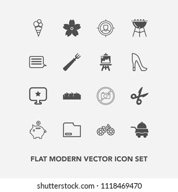 Modern, simple vector icon set with computer, food, cherry, forbidden, box, customer, paper, concept, cooking, wheel, coin, cut, finance, hotel, flower, document, bike, cream, bank, business icons