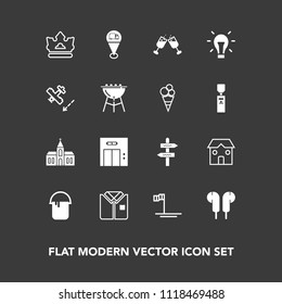 Modern, simple vector icon set on dark background with color, royal, sign, audio, ocean, interior, office, house, drink, baja, energy, mexico, shirt, glass, tshirt, map, building, direction, red icons