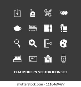 Modern, simple vector icon set on dark background with chalkboard, technology, cake, estate, fashion, child, board, fun, black, clock, clothes, bed, background, satellite, clothing, global, web icons