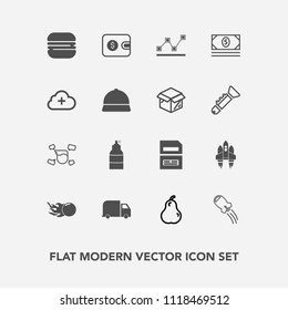 Modern, simple vector icon set with burger, save, fresh, cardboard, space, astronomy, document, data, cheeseburger, business, spaceship, internet, add, chart, box, hat, bank, paint, craft, purse icons