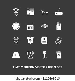 Modern, simple vector icon set on dark background with joystick, map, cup, business, shop, clothing, child, recycle, sound, fitness, waste, seat, place, winner, clothes, identity, game, first icons