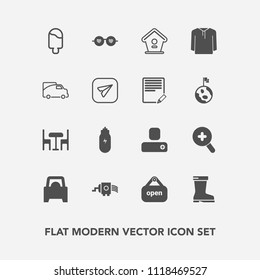 Modern, simple vector icon set with dessert, ice, car, home, contact, store, van, sign, sunglasses, hippie, transportation, open, zoom, furniture, cream, person, lifestyle, glass, concept, table icons