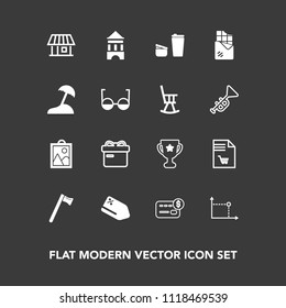 Modern, simple vector icon set on dark background with shopping, sugar, food, cafe, cup, notebook, home, price, sign, equipment, money, building, tag, award, hammer, ribbon, card, holiday, house icons