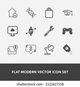 Modern, simple vector icon set with health, college, education, table, present, tool, bag, powder, house, square, cloud, lamp, baby, university, couch, modern, sofa, gift, people, frame, boat icons