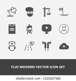 Modern, simple vector icon set with art, table, lamp, decoration, music, road, beach, fashion, package, shipping, video, light, profile, hospital, surgeon, artist, white, cloud, home, graphic icons