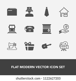 Modern, simple vector icon set with dollar, phone, estate, paper, care, tripod, tie, musical, present, file, movie, window, interior, celebration, gift, finance, investment, medical, guitar, sew icons