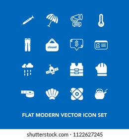 Modern, simple vector icon set on blue background with tape, retro, jacket, equipment, planet, protection, star, rain, warm, gramophone, adhesive, parasol, winter, marine, shell, music, cold icons