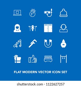 Modern, simple vector icon set on blue background with service, profile, magnetic, bow, package, success, bottle, temperature, perfume, pole, reel, sea, tool, fashion, box, sport, good, gift, up icons