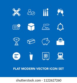 Modern, simple vector icon set on blue background with business, button, economy, menu, building, lock, bag, travel, construction, transportation, account, red, money, alcohol, safety, control icons