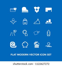 Modern, simple vector icon set on blue background with office, money, work, bank, button, sign, mail, envelope, chef, clothing, business, tree, finger, touch, restaurant, sun, landscape, musical icons