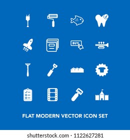 Modern, simple vector icon set on blue background with fish, clothing, sea, launch, potato, tower, checklist, movie, apple, education, vegetable, bucket, rocket, film, wine, fruit, peeler, box icons