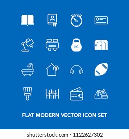 Modern, simple vector icon set on blue background with restaurant, football, payment, paint, brush, stadium, interior, library, ball, american, money, cheque, wallet, apartment, house, watch icons