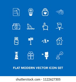 Modern, simple vector icon set on blue background with electricity, direction, toilet, light, internet, plug, office, hammer, house, gift, lighthouse, bulb, cable, paper, fashion, file, public icons
