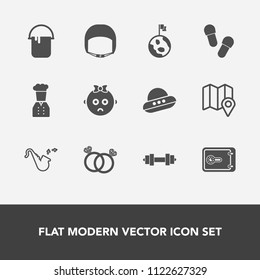 Modern, simple vector icon set with jazz, equipment, house, footwear, nature, bugle, work, wedding, pin, musical, money, spaceship, map, chief, gym, location, restaurant, fitness, romance, baby icons