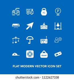 Modern, simple vector icon set on blue background with road, clothing, heavy, car, radio, mobile, kilogram, lot, rain, dump, tipper, flight, fan, button, business, urban, technology, web, travel icons