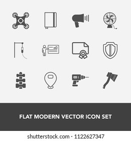 Modern, simple vector icon set with air, loudspeaker, vehicle, protection, gym, security, medical, drill, businessman, camera, copter, diploma, frame, meeting, location, work, medicine, notebook icons