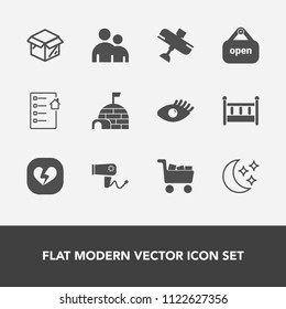 Modern, Simple Vector Icon Set With Broken, Estate, House, Hairdryer, Cradle, Arctic, Child, Love, Flight, Bed, Snow, Face, Heart, Igloo, Unpacking, Commerce, Star, Moon, Travel, Hair, Night Icons