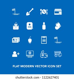 Modern, simple vector icon set on blue background with delivery, sand, graph, spoon, package, supermarket, dump, mexico, ocean, antenna, van, satellite, account, food, fork, equipment, blue, box icons