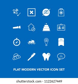 Modern, simple vector icon set on blue background with message, sale, aircraft, north, pen, plane, airplane, bed, map, sign, retail, flight, stationery, double, travel, furniture, closed, white icons