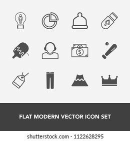 Modern, simple vector icon set with ball, chart, head, creative, lava, fashion, finance, cream, sport, food, hat, king, service, idea, cap, mountain, sale, crown, league, ice, tag, landscape icons