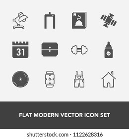 Modern, simple vector icon set with plastic, architecture, menu, food, sport, building, minute, disc, nutrition, day, schedule, hand, lamp, house, cd, uniform, work, orbit, clothing, estate, dvd icons