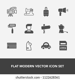 Modern, simple vector icon set with game, file, document, sew, computer, man, save, roller, luggage, video, tea, hot, roll, boy, male, drink, food, car, business, snack, arrow, travel, direction icons