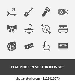 Modern, simple vector icon set with retro, bedroom, ribbon, tie, finger, child, airplane, vegetable, bed, flight, decorative, vacation, faucet, tape, construction, music, food, bathroom, tap icons