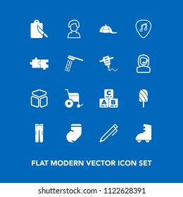 Modern, simple vector icon set on blue background with cap, wheelchair, fork, female, hand, dessert, cutlery, white, food, fashion, guitar, profile, kitchen, write, handicap, human, clothes, hat icons