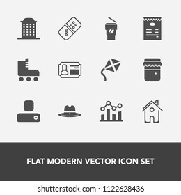 Modern, simple vector icon set with game, architecture, coffee, identity, chart, cowboy, trend, skate, city, domino, card, play, glass, skating, white, leisure, social, home, person, sheriff, id icons