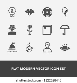 Modern, simple vector icon set with rain, health, place, umbrella, file, science, nature, competition, nurse, balloon, blossom, traditional, casino, spaceship, fan, celebration, space, earth icons