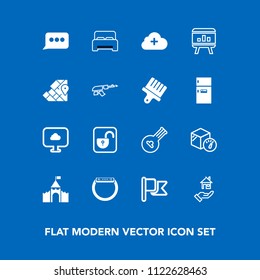 Modern, simple vector icon set on blue background with medieval, folk, rent, world, weight, watch, lock, flag, string, open, security, infographic, musical, home, property, furniture, house, add icons