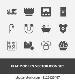 Modern, simple vector icon set with clothes, shower, t-shirt, industrial, science, magnetic, radio, baby, mixer, child, cook, oven, pole, stove, concrete, doughnut, kitchen, refrigerator, kid icons