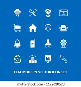 Modern, simple vector icon set on blue background with paper, spring, spacecraft, london, technology, style, eye, annual, vacation, wheel, rocket, document, hood, water, business, boat, web, bed icons