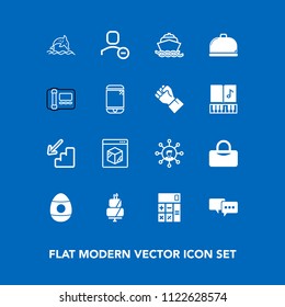 Modern, simple vector icon set on blue background with holiday, account, service, finance, sea, business, dolphin, water, food, shipping, calculator, restaurant, up, sport, delete, yacht, boat icons