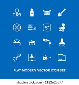 Modern, simple vector icon set on blue background with old, employee, employer, bed, ship, research, perfume, bottle, red, job, basket, vessel, musical, wine, furniture, vintage, bedroom, beauty icons