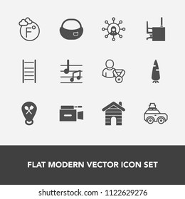 Modern, simple vector icon set with ladder, raw, profile, carrot, thermometer, bag, screen, luggage, white, estate, video, house, temperature, car, food, television, music, fresh, school, sound icons