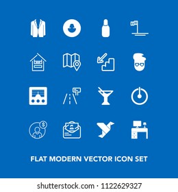 Modern, simple vector icon set on blue background with switch, finance, drink, table, office, creative, paper, baja, bowling, profile, financial, cocktail, account, button, power, desk, radio icons