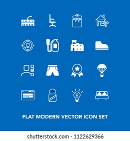 Modern, simple vector icon set on blue background with concept, furniture, bed, salt, spice, first, phone, chair, rent, wear, plan, people, business, keyboard, template, achievement, comfortable icons